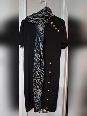 H&M Black Midi Dress with Detailed Gold Accent Buttons & Animal-Print Scarf.NWOT